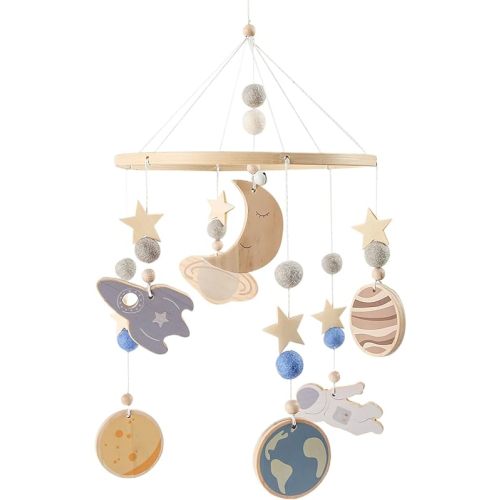 Baby Crib Mobile - Suspension Wood Kids Pendent - 360 Degree Rotating Baby Soothing Crib Mobile with Spaceship Planet Pattern for Night Sleep Bedding Travel