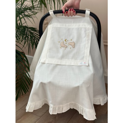 Linen Stroller Cover: Moon & Star Embroidery, Mosquito Net Window
