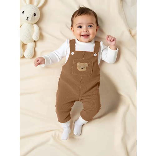 PureChapter Baby Boys Corduroy Overalls, Cute Bear Patch Pocket Suspender Pants for Toddlers, 6 Months-3 Years
