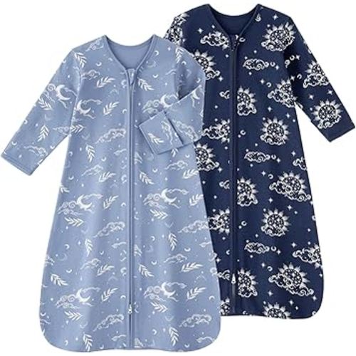 Baby Sleep Sack 0-6 Months, Long Sleeve Baby Wearable Blanket 0.5 Tog with Mittens, 2-Way Zipper Newborn Cotton Sleeping Sack for Boy and Girl Blue Stars 2 Pack (Small)