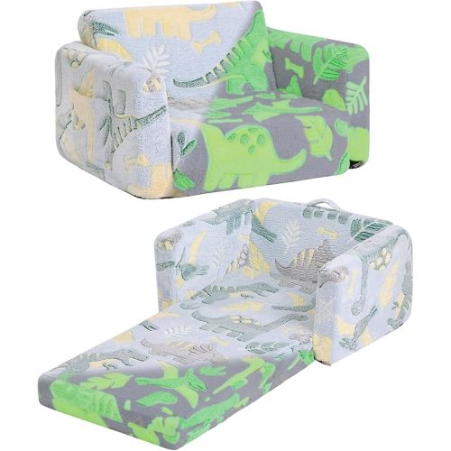 Tiita 2-in-1 Convertible Kids Couch to Lounger, Flip Out Toddler Armrest Bed, Folding Play Sofa for Girl or Boy, Grey Dinosaur