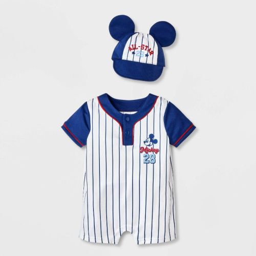 Baby Boys' 2pc Disney Mickey Mouse Baseball Jersey Romper & Hat Set - Navy Blue 12M