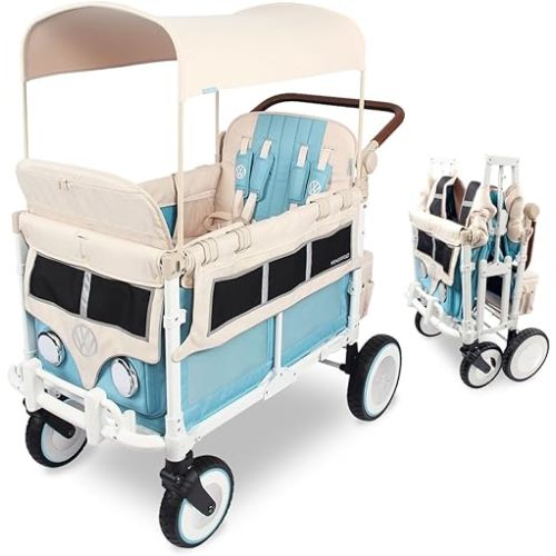 WONDERFOLD Volkswagen Stroller Wagon (4 Seater) - Collapsible Wagon Stroller with VW Bumper, Functioning Headlights, and All-Terrain XL Wheels