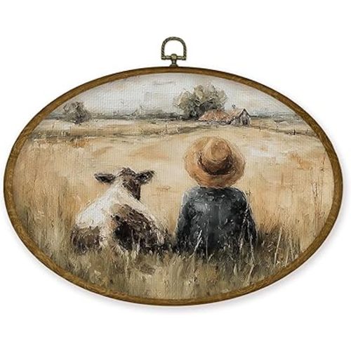 JMENGSSFL Vintage Western Cow Boy Nursery Oval Wall Art Decor, Country Western Canvas Prints, Rustic Farm Boy and Cow Landscape Framed Wall Art for Kids Boys Room Bedroom Decor, 11.4x8.6 Inch