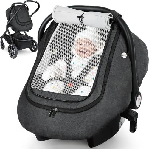 Rquite Car Seat Cover Baby, Carseat Covers Boy Girl, 2 Layers Window -Breathable Mesh & Wind/Sun Shade, Infant Car Seat Canopy Baby Carrier/Stroller Cover, Fit Spring, Fall, Winter, Cold Weather