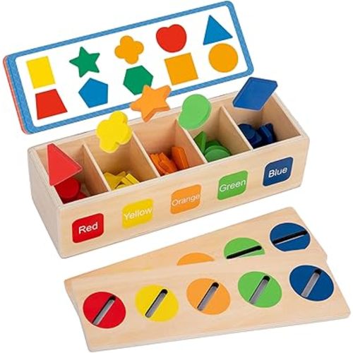 Adena Montessori Wooden Shape Sorter - Color Matching Learning Toys for 2-3 Year Olds (10 Shapes)