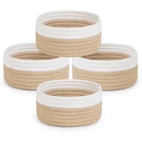 Dahey Set of 4 Mini Small Woven Gift Baskets for Organizing, White & Beige