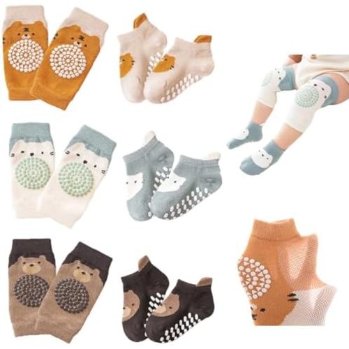 Feidoog Baby Crawling Knee Pads with Anti-Slip Elastic 3 Pairs Knee Pads and 3 Pairs Socks Set,Infant Kneepads for Crawling