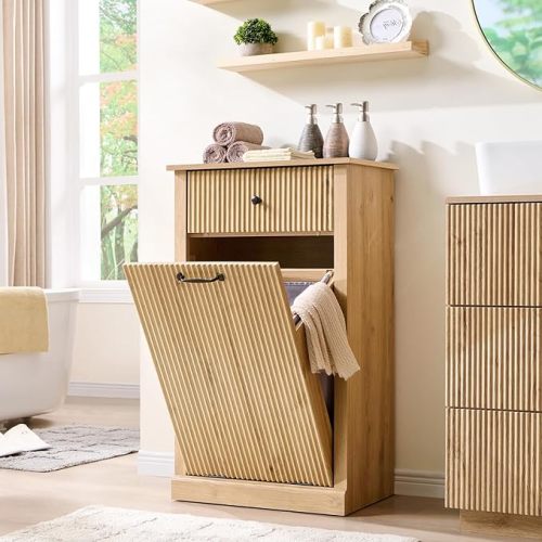Modern Tilt-Out Laundry Hamper Cabinet, 10 Gallon Fluted Trash Can Cabinet with Drawer, Wooden Hidden Garbage Can Cabinets with Laundry Basket, Free Standing for Bathroom & Kitchen, Natural Oak