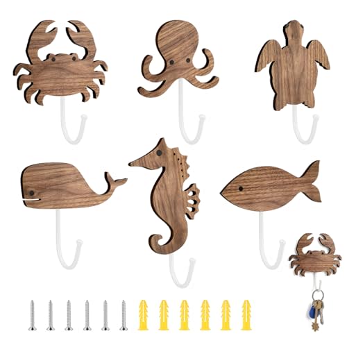Amyhill 6 Pack Sea Life Wooden Wall Hooks Nautical Nursery Decor Starfish Turtle Ocean Themed Wall Mounted Hooks for Hanging Towels Keys Hats for Bathroom Entryway Bedroom Coastal Ocean Room(Wooden)