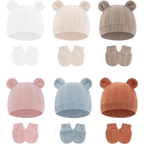 Bear Ears Baby Hats and Mittens for Newborn Baby Boys Girls Infant Hospital Beanie Caps, 0-3 Months