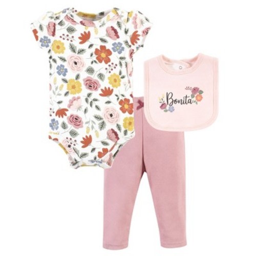 Hudson Baby Infant Girl Cotton Bodysuit, Pant and Bib Set, Bonita, Newborn