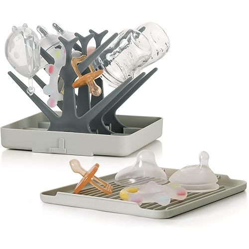 haakaa Portable Baby Bottle Drying Rack with Tray, Space Saving Bottle Drying Tree for Bottles/Pump Parts/Pacifiers,Easy-Store Dryer Rack Great for Home & Travel, BPA Free (Grey)