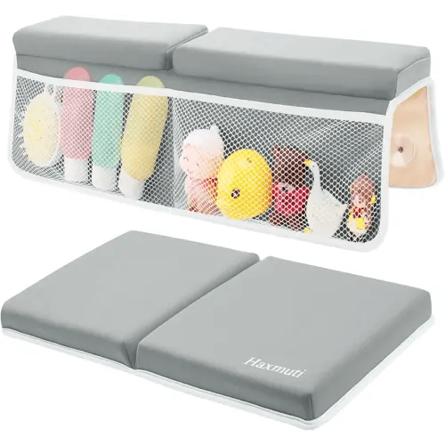 Bath Kneeler and Elbow Rest Pad Set, Thick and Quick Dry Kneeling Pad Support for Knee and Arm, Extra Large Baby Bath Kneeler Pads Bathtub Mat with Toys Organizer for Baby Bath Time, Grey