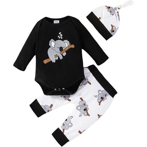 FOMOYUU Newborn Baby Boy Clothes Long Sleeve Romper Koalas Print Coming Home Outfit Pant Set for Fall Winter-Black