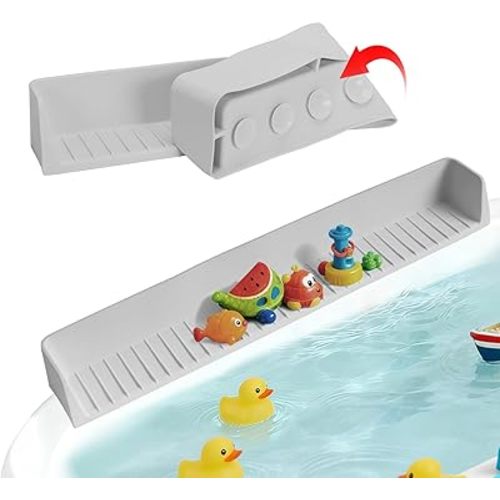 Bathtub Splash Guard for Tub Kids- 31" Extra Long Silicone Bath Play Shelf, Toy Tray & Caddy Holder, Prevent Water Spills & Messy Floors, Tub Edge Guard for Bathroom- Grey