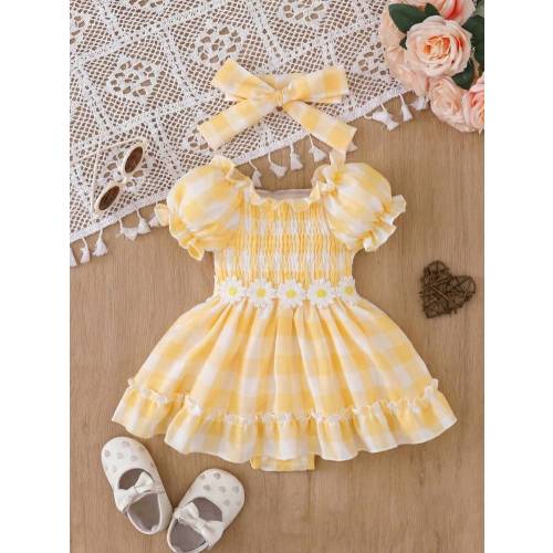 Baby Girl's 2pcs Fashionable Cow Printed Ruffle Hem Dress Bodysuit With Headband Set, Summer | SHEIN
