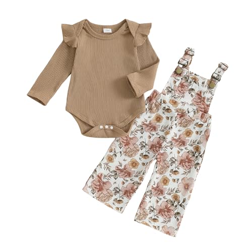 Lucikamy Newborn Baby Girl Fall Outfits Ribbed Long Sleeve Rompers Suspender Overalls Pants Sets Infant 2Pcs Clothes