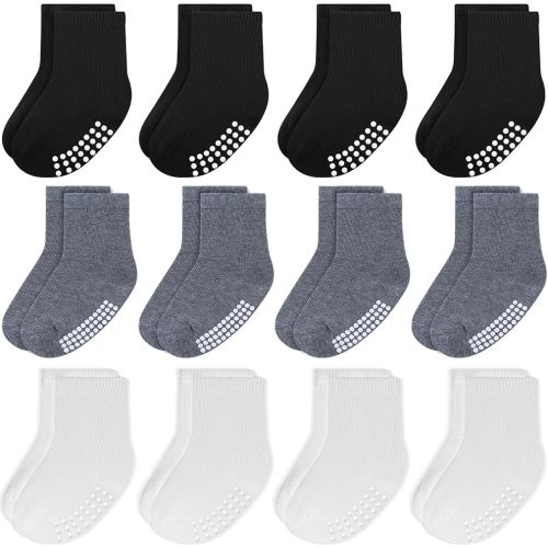 JAKIDAR 12 Pack Baby Toddler Socks Non Slip Grip Cotton Crew Socks for Boys Girls Infants Kids