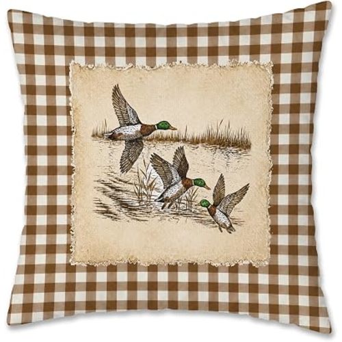 Mallard Duck Brown and White Plaid Pillow Cover 18x18