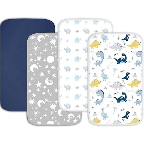 Plushii Crib Sheets for Baby Boys 4 Pack, 28"x 52" Extra Soft Microfiber Crib Sheet Set for Standard Crib & Toddler Mattress Pad, Dinosaur & Elephant & Stars & Navy Blue