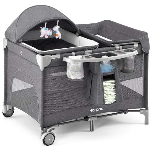 HARPPA 6-in-1 Baby Playard with Bassinet, Changing Table & Storage, Portable Travel Bassinet for Newborn,Gray