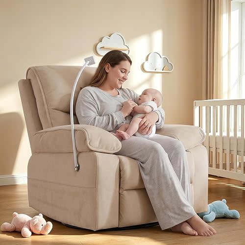 360° Swivel Glider Rocking Chair Nursery， Oversized Recliner with Phone Holder，Nursing Chairs for Breastfeeding with Wide Foot Rest for Living Room and Baby Room,Linen