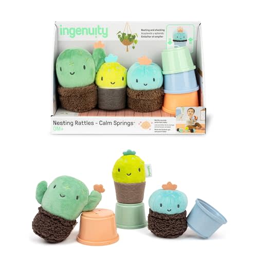 Ingenuity Calm Springs Nesting Rattles for Baby 3 Months & Up, Stackable Toys, BPA-Free Multi-Texture Rattle Set of 3, Unisex