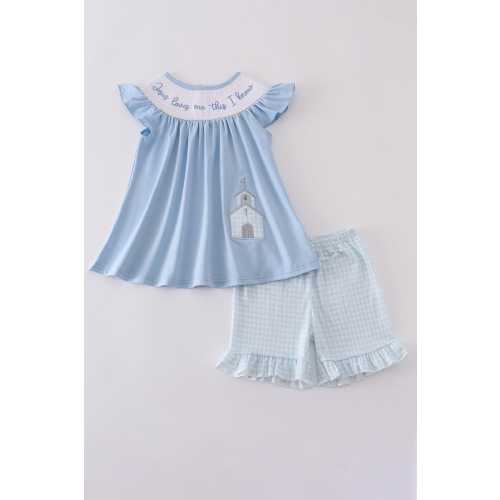 Abby & Evie Girl's Boutique Easter Blue Jesus Loves Me Embroidered Embroidery Two Piece Short Set Outfit Matching Sibling Size 7