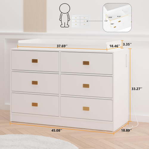 Luku Dresser for Bedroom with 6 Drawers, Changing Table Dresser with Power Outlets, Soft Changing Pad & Removable Top, Baby Dresser with Changing Table Top for Nursery