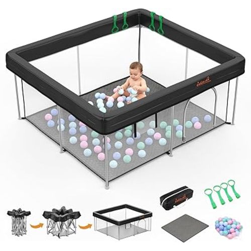 Foldable Baby Playpen 50x50 Inch, Portable Play Yard for Babies & Toddlers, Safety Fence Play Area with Mat, Balls, Pull Rings & Carry Bag, Indoor Outdoor Baby Activity Center, Black