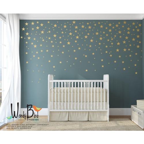 Gold Stars Wall Decals Set for Nursery Decor, Easy Peel and Stick Application, removable, matte metallic finish looks like paint - WBSTRm
