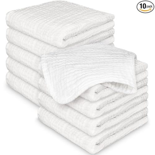 10-Pack Muslin Baby Washcloths for Newborn – 12x12" Soft Absorbent Organic Cotton Muslin Wash Cloths for Babies Girl, Boy, Infant, Toddlers, Kids Face Towel,Bath Essentials,Baby Burp Rags (Soft White)