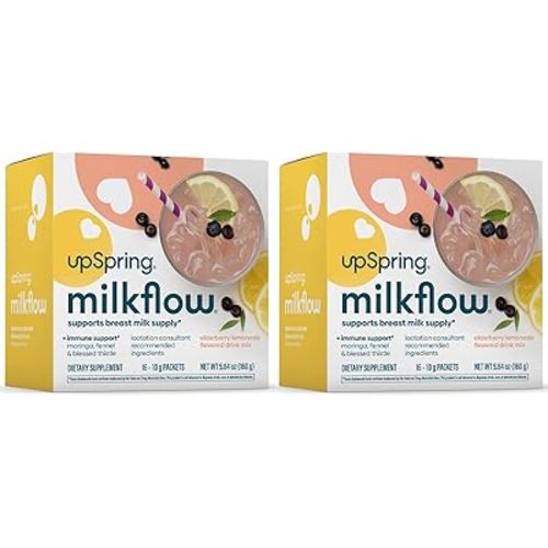 UpSpring Milkflow Immune Support Breastfeeding Supplement Drink Mix Fenugreek-Free, Moringa | Elderberry Lemonade Flavor | Lactation Supplement to Support Breast Milk Supply | 2 Pack