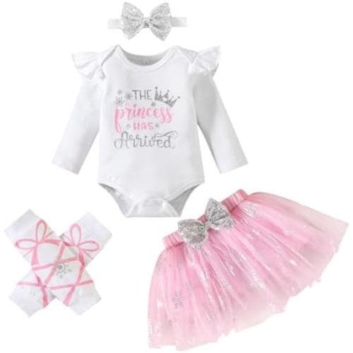 Newborn Baby Girl Outfits Infant Letter Print Romper+Tutu Skirt+Headband+Legging Warmer Coming Home Clothes Set