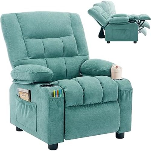BOSMILLER Kids Recliner Chair， Push Back Toddler Recliner with Cup Holders & Side Pockets， Adjustable Footrest & Headrest Kids Sofa for Boys Girls 3+ Age Group (Green)