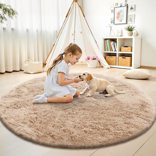 OLANLY Beige Round Rugs for Bedroom - Machine Washable, 6 ft Circle Area Rugs for Living Room, Soft and Fluffy Shaggy Carpet for Teen Girls and Boys, Nursery Rooms, Dorms, Home Decor Aesthetic