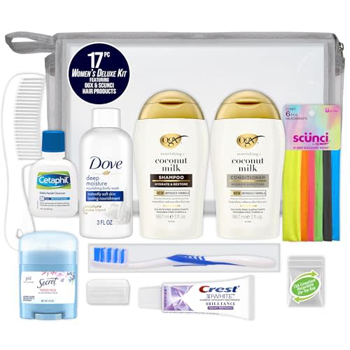 Convenience Kits International Women’s Deluxe 17 PC Kit Featuring: Coconut Milk Hair, Face & Body, Oral Care, Travel-Size Travel Essentials - Hospital Bag Essentials for Labor and Delivery