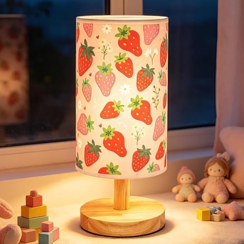 Strawberry Table Lamp for Kids Bedroom, 3-Way Dimmable Bedside Lamp with Wooden Base and Fabric Shade, Cute Nursery Night Light for Girls Room Decor, Fruit-Themed Reading Lamp and Gifts for Kids