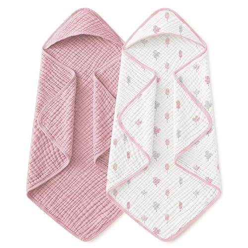 Yoofoss Hooded Baby Towels for Newborn 2 Pack 100% Muslin Organic Cotton Baby Bath Towel with Hood for Babies, Infant, Toddler and Kids,37.5"x37.5", Soft and Absorbent Newborn Essential,Pink&WhiteLeaf