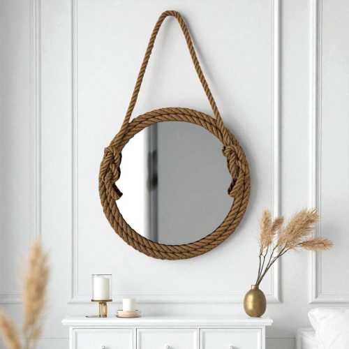 Coastal Rope Wall Mirror Round, Nautical Hanging Mirror Decor, Rustic Farmhouse Bathroom Mirror, Beach House Entryway Wall Accent, Gift