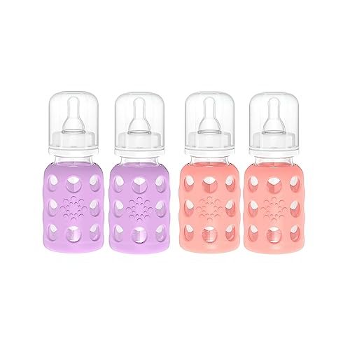 Lifefactory Glass Baby Bottle BPA Free | Protective Silicone Sleeve | 4 oz Pack of 4 | Lavender, Cantaloupe