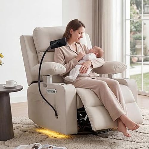 Power Rocking Chair Nursery with Adjustable Armrests and Headrest, Swivel Rocker Recliner with Electric Lumbar Support, Glider Recliners for Breastfeeding, Nursing Chair with USB, Cup Holder, Beige