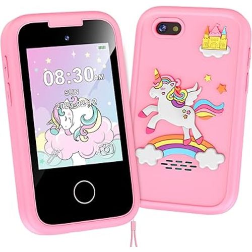 Kids Phone for Girls Toys, Gifts for 3 4 5 6 7 8 9 Year Old Girls Boys Christmas Birthday Kids Toys, Touchscreen Toddler Learning Cell Toy Phone with Dual Camera, Game, Music Player, 8GB Card Pink