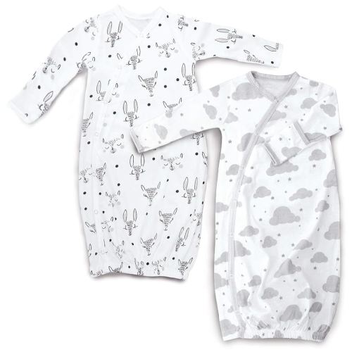 Cambria Baby 100% Organic Kimono Gowns. Side Snaps with Built in Mitts. (0-6 Months, White and Grey Clouds and Animals Patterns)