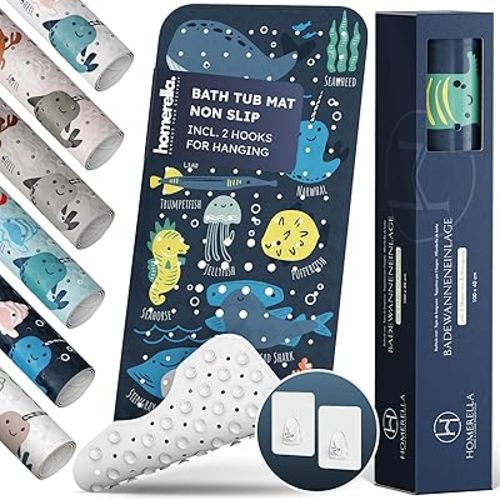 homerella® Bath Mat for Tub Non Slip Mildew Resistant 40x16 Extra Long incl. Hooks for Drying - Machine Washable - BPA Free-with Suction Cups and Drain holes for Bathtub- Shower Mat Non Slip Anti Mold