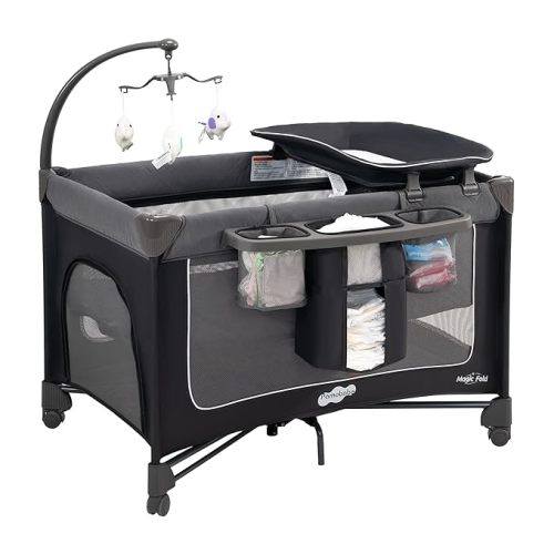 Pamo Babe Magic Fold Playard 1 Step Setup Pack and Play with Bassinet Baby Playard Portable Crib with Zip Door & Changing Table