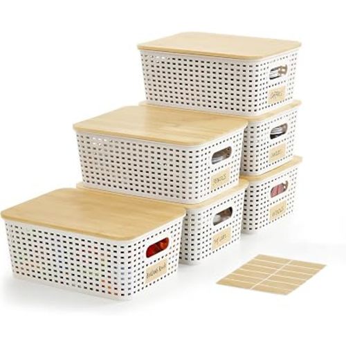 Small Plastic Storage Bins with Bamboo Lids 5.2qt Stackable Box Basket Pantry Decorative Containers Cute with Labels for Organizing Desktop Closet Office Cream White of 6 packs 10*7.2*4.1"