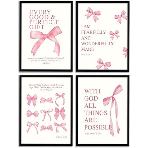 Krtoni 4 PCS Frame Coquette Pink Bow Wall Art, Inspirational Bible Verses Canvas Wall Decor, Cute Girly Preppy Aesthetic Poster Print, Modern Christian Decor For Living Room Bedroom Home 16''L x 12''W