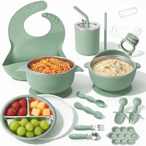17PCS Stainless Steel Baby Feeding Set with Suction, Green